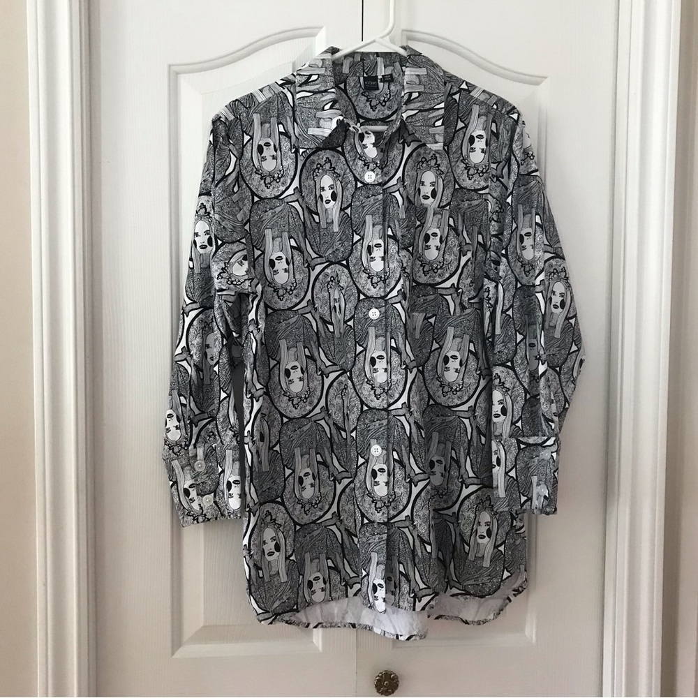 “ICONE BRAND*Women’s Collared Full Button Blk/White Long Sleeve Boho Shi…